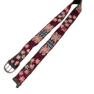 Jenny Krauss Embroidered Belt 100% Wool Size Large 32-40 Inches Floral Gray Pink